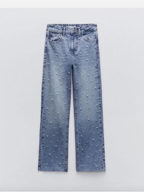 Zara Blue Pearl-Studded Straight-Leg Jeans